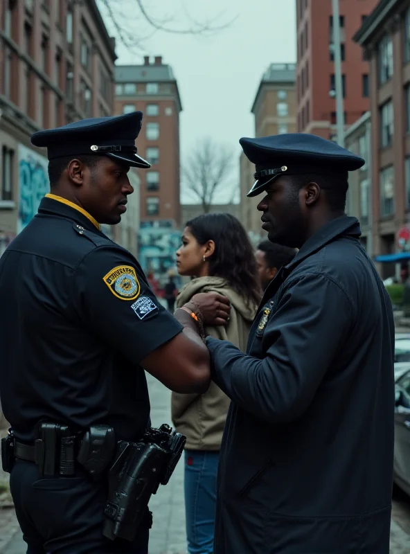 Image of police officer questioning a young person in an urban setting