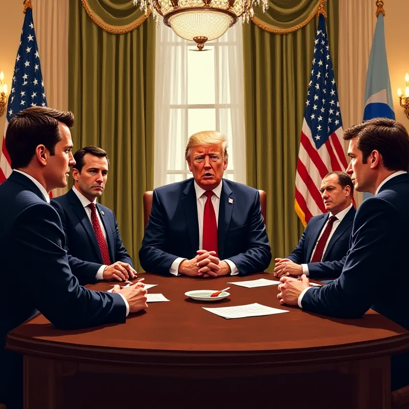 Digital illustration depicting a meeting between Keir Starmer, Zelensky, Macron, and Trump in the White House