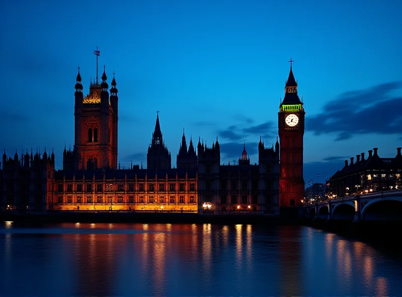 The Houses of Parliament in London, illuminated at dusk