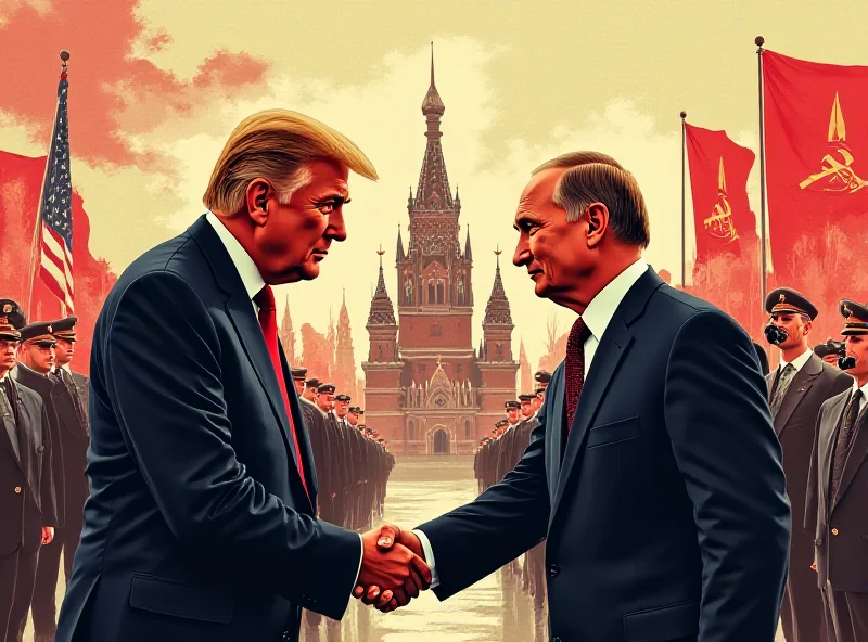 Illustration of Trump shaking hands with Putin in front of the Kremlin, with propaganda posters in the background depicting a shift from anti-American to neutral messaging.