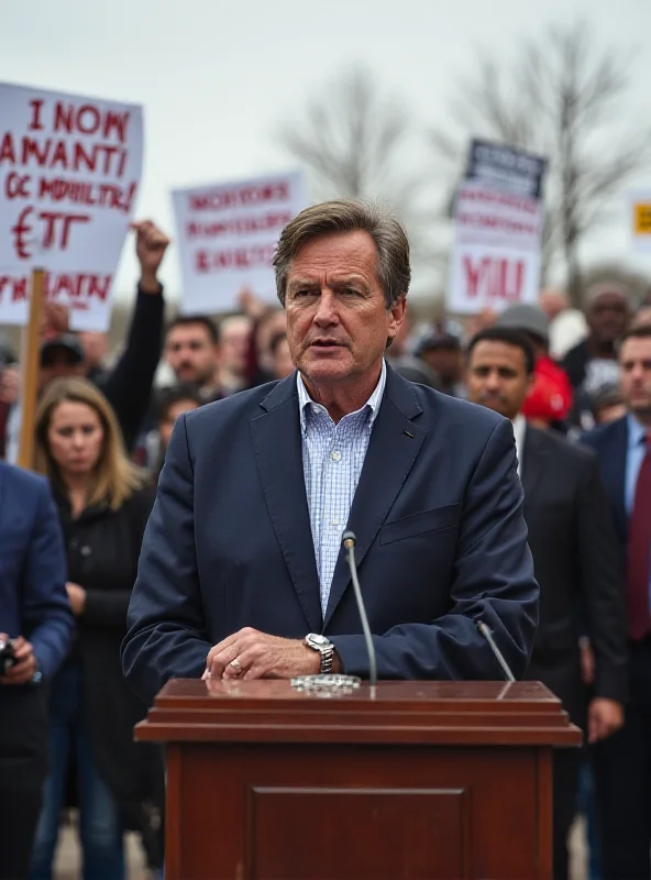 Photograph of Denver Mayor Johnston speaking at a press conference about immigration policies, with protestors holding signs in the background.