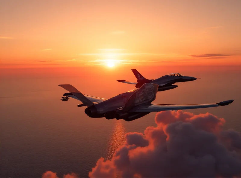 A digital composite image showing a Russian fighter jet flying dangerously close to a NATO aircraft over the Mediterranean Sea, with a dramatic sunset in the background.