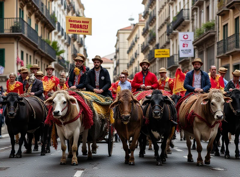 Protestors using ox-drawn carts as a symbol against the tunnel project in Vigo, Spain