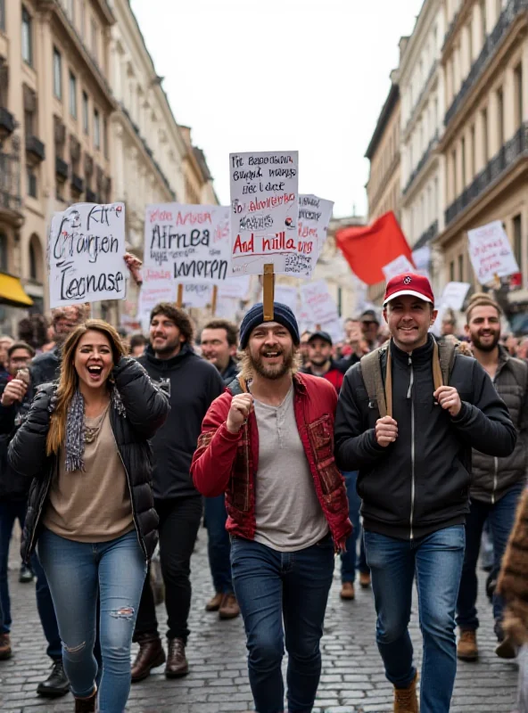 Image of protestors holding signs in a European city. The signs are in various languages.