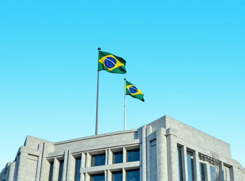 The Brazilian flag waving in the wind in front of the Supreme Federal Court building.