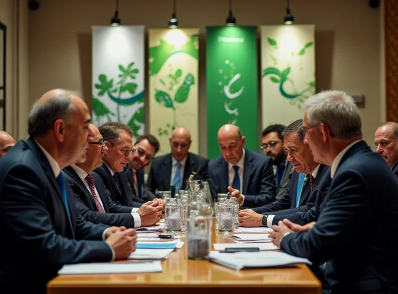 Negotiations at a global environmental summit, with delegates discussing financial mechanisms for biodiversity protection.