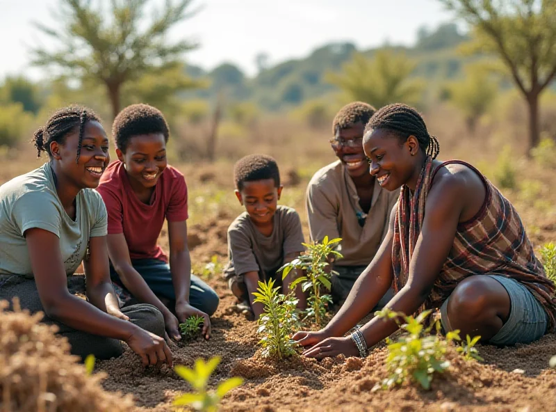 A diverse group of people planting trees in a deforested area, representing community involvement in biodiversity conservation efforts.