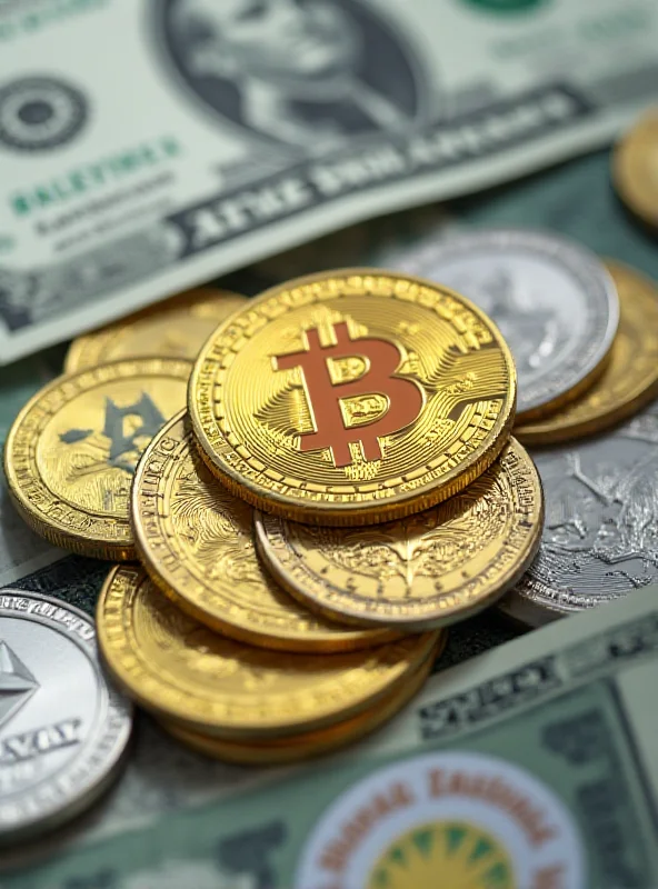 A digital representation of Bitcoin and other cryptocurrencies, with a dollar bill faintly visible in the background.