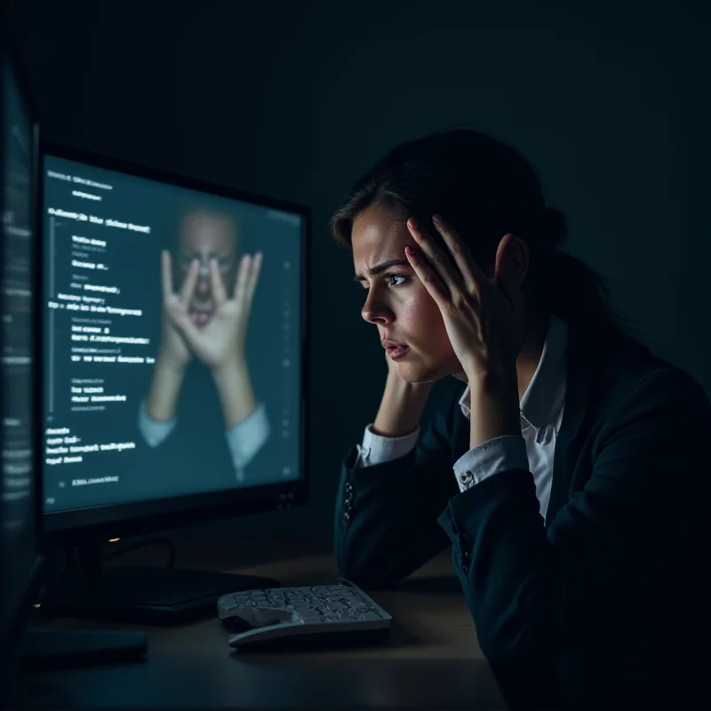 A person looking concerned while staring at their computer screen, with hands on their head.