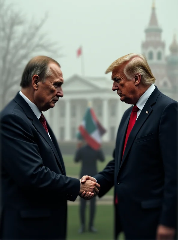 A digitally manipulated image showing Donald Trump and Vladimir Putin shaking hands, with a subtle shadow of a puppet master controlling Trump.