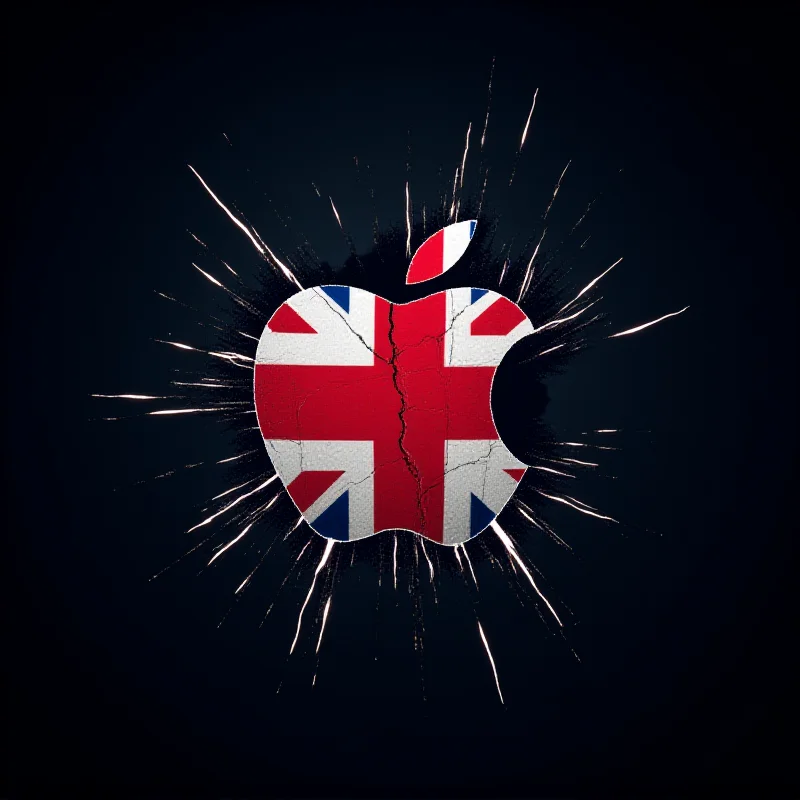 A stylized image of a digital apple logo being cracked open, revealing data streams flowing out, with a Union Jack flag subtly superimposed in the background.