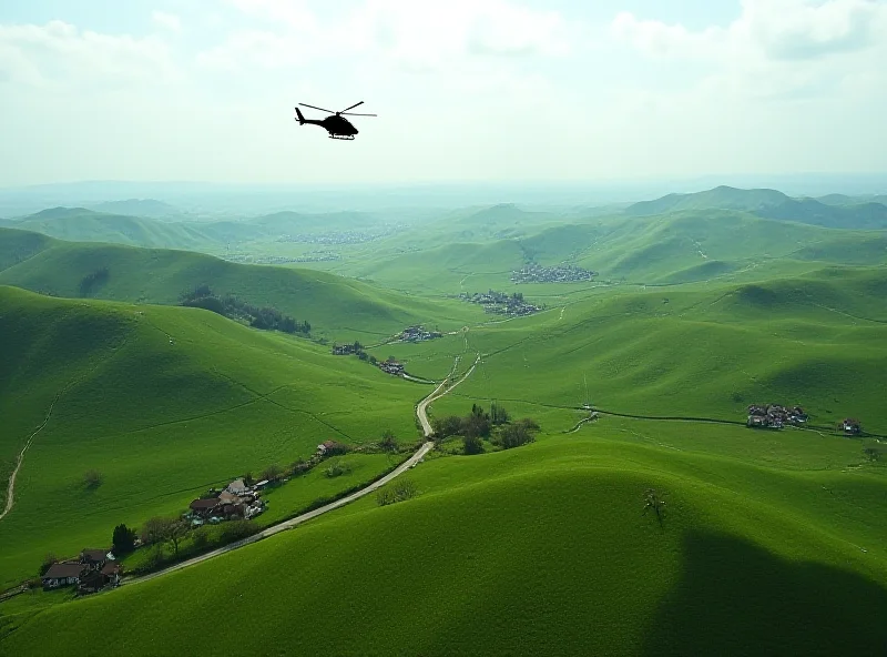 Aerial view of a small European country with rolling hills and a military helicopter flying overhead.