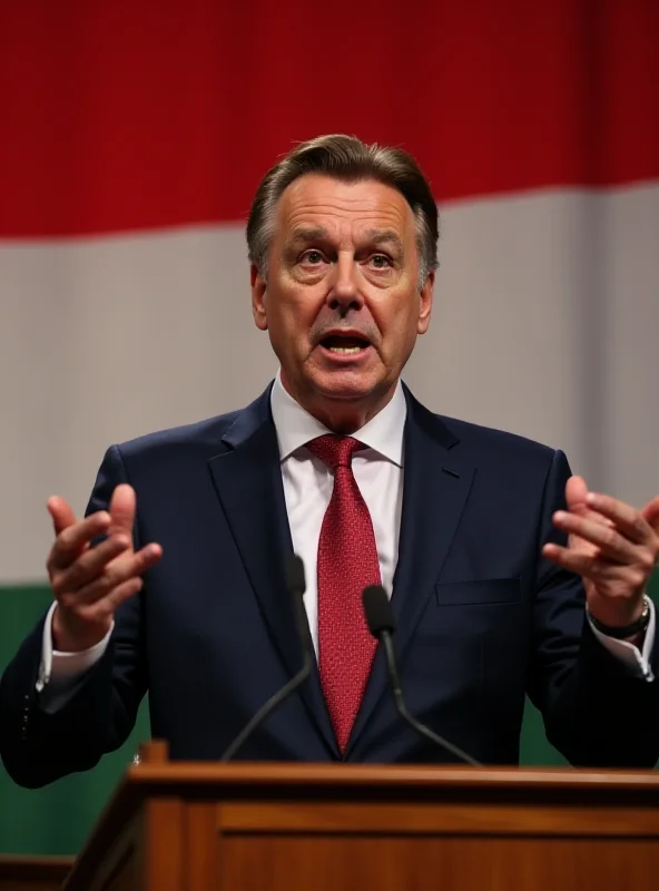 Viktor Orbán speaking at a press conference with the Hungarian flag in the background.