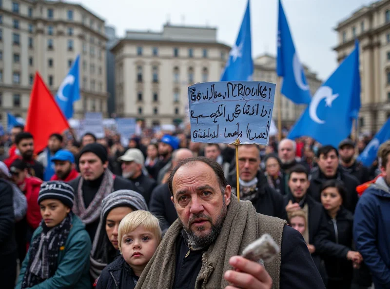 Image of a group of Uyghur refugees protesting, holding signs and flags.