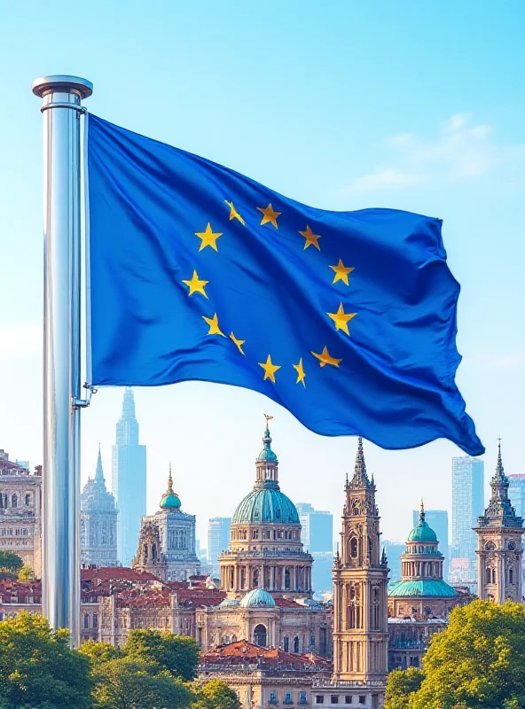 Image of the European Union flag waving prominently against a backdrop of diverse cityscapes, symbolizing unity and diversity.