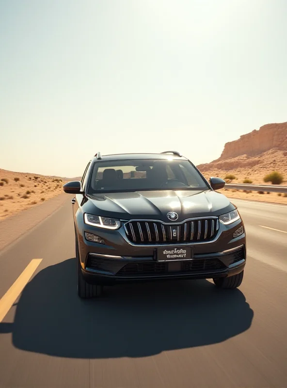 A sleek Skoda SUV driving on a modern highway in Oman, showcasing the company's expansion into the Middle East.