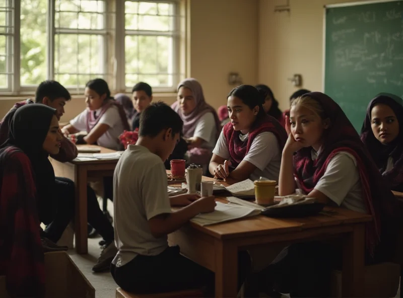 A group of Indonesian students looking worried and discussing amongst themselves in a classroom.