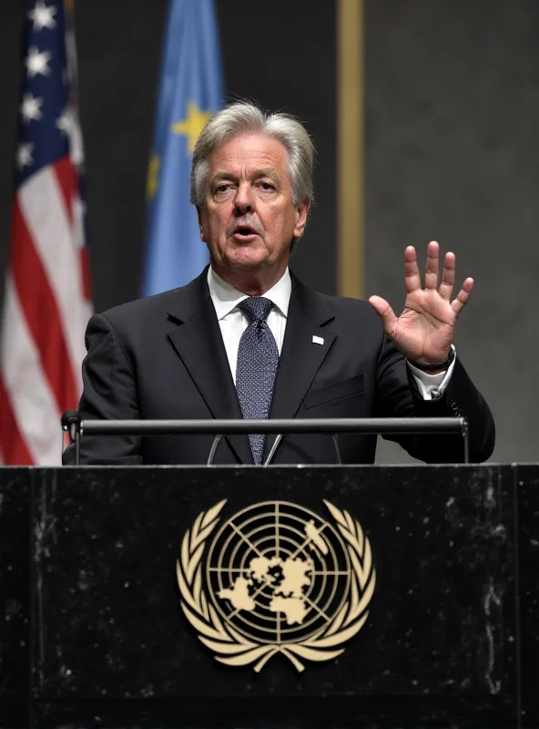 Dominique de Villepin giving a passionate speech at the United Nations, twenty years younger, with flags of the world behind him.