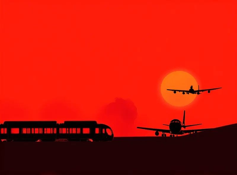 Illustration of a train and airplane with a red stop sign overlayed, symbolizing a strike.