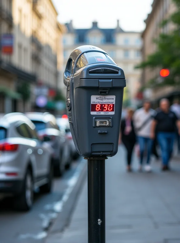 A modern parking meter in a bustling city center with cars parked in the background.