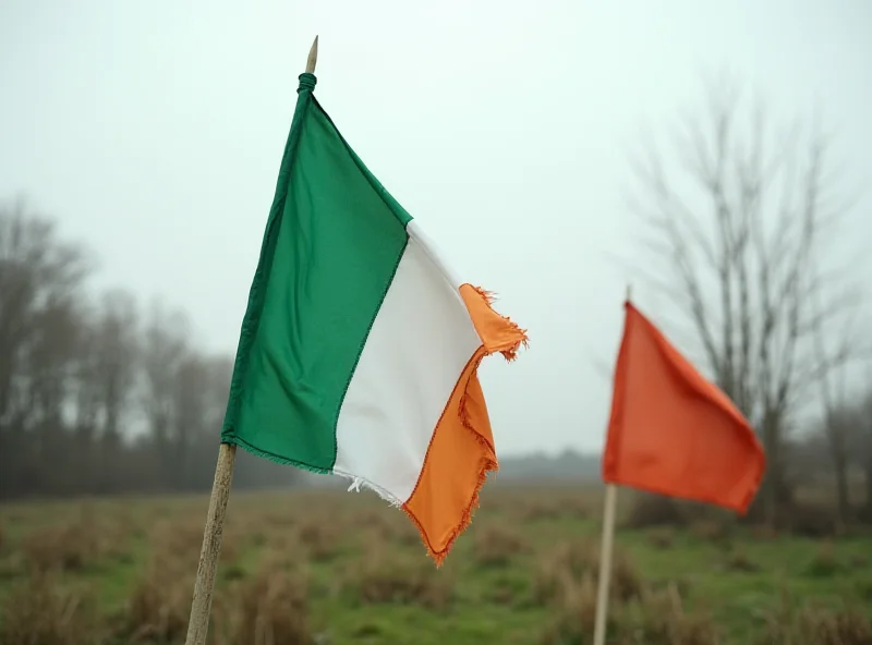 Irish flag waving in front of modern defense technology equipment, showing investment in research and development.