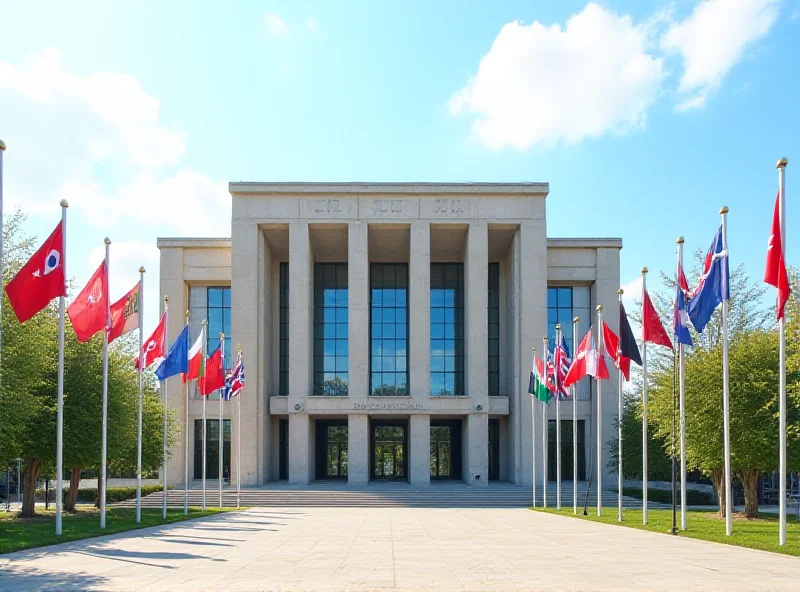 An image of the International Court of Justice in The Hague, Netherlands, with flags of various nations flying in front of it.