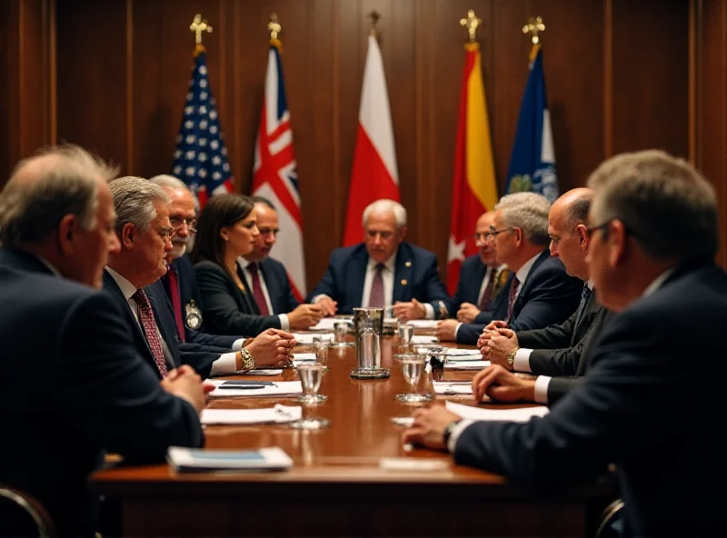 Image of a tense political meeting with flags of different nations in the background.