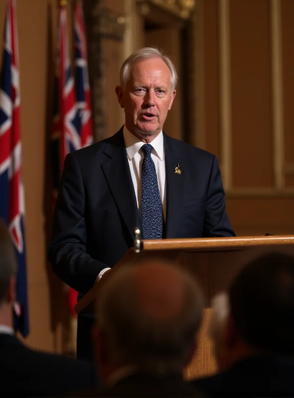 Image of Phil Goff, a New Zealand diplomat, addressing a formal gathering in London.