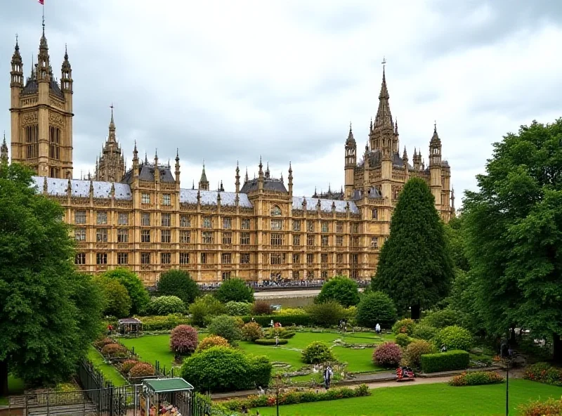 Image of the Houses of Parliament in London, with Victoria Tower Gardens in the foreground.