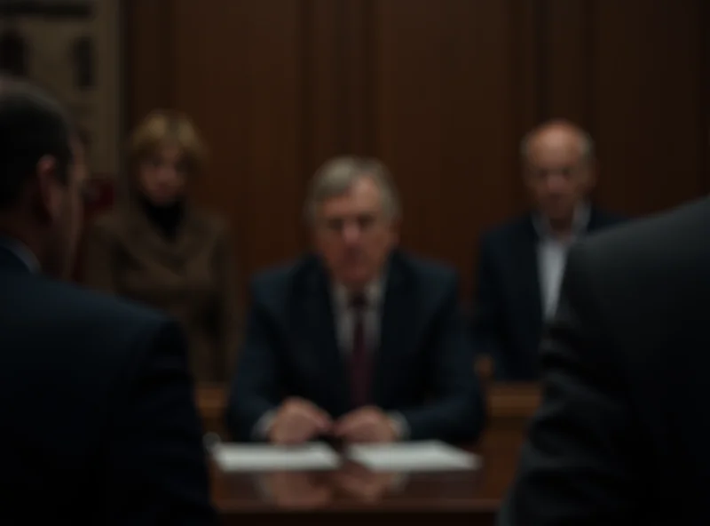 A courtroom scene in Mainz, Germany, with a somber atmosphere during the murder trial