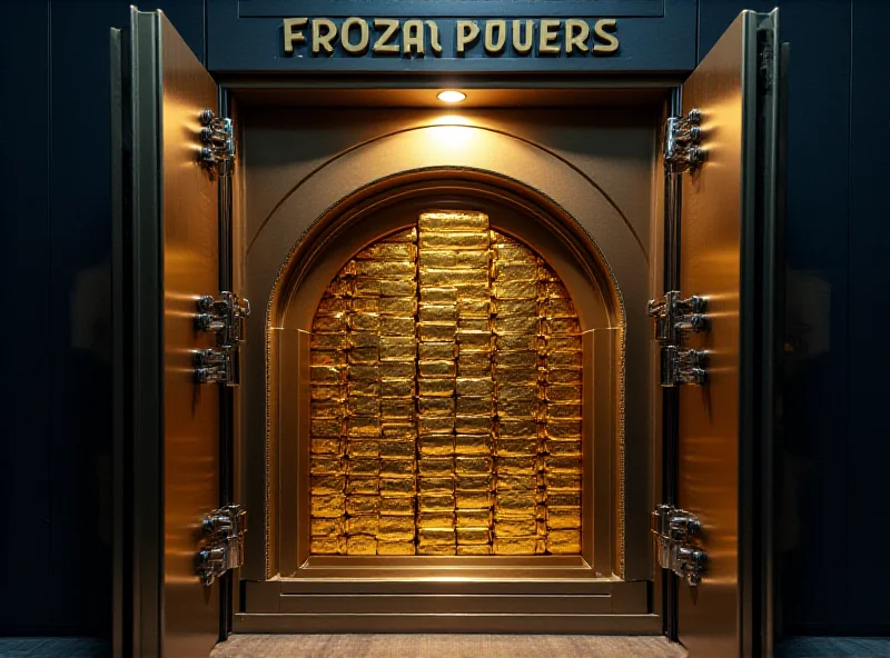 Frozen assets in a bank vault, symbolizing the EU's financial power.