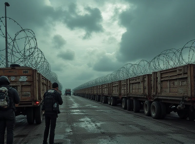 A scene depicting a border crossing with humanitarian aid trucks lined up, unable to enter Gaza. Dark clouds and barbed wire create a sense of tension and conflict.