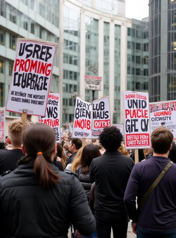 A protest scene outside the BBC headquarters in London. People are holding signs demanding an independent investigation into the BBC's coverage of the Gaza conflict. The signs feature slogans and images related to the controversy.