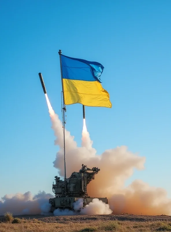 A US-made Patriot missile system launching, with a Ukrainian flag waving in the background