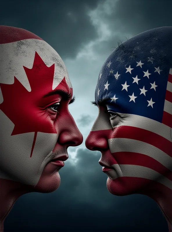 Canadian and American flags juxtaposed with a stormy sky in the background.