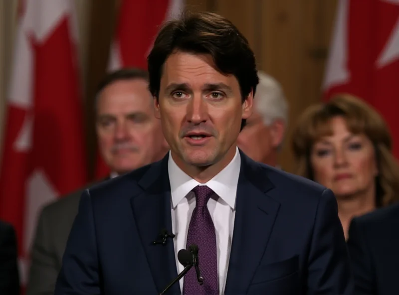 Justin Trudeau speaking at a press conference with a determined expression.