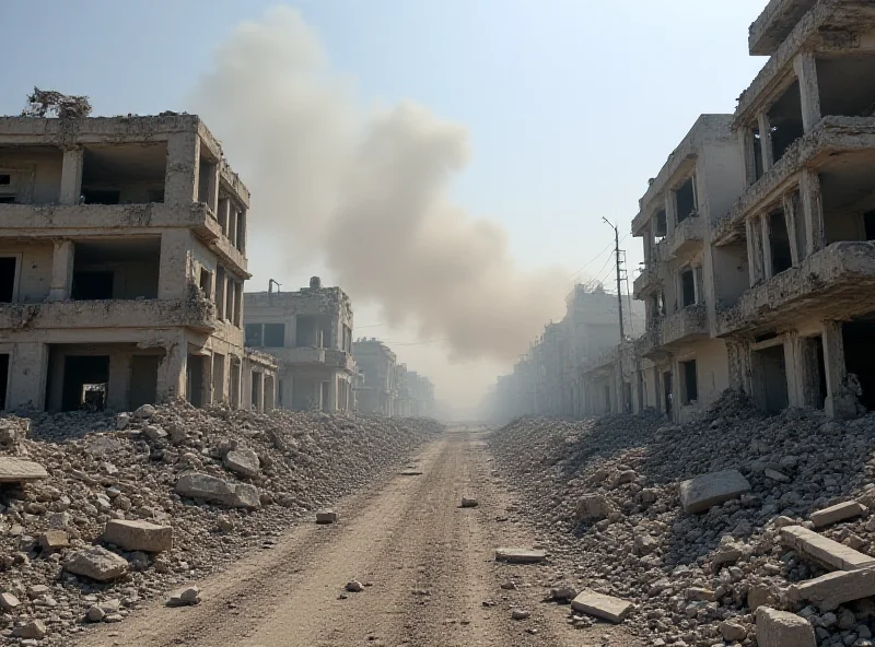 A photo showing the devastation in Gaza after an air strike, with buildings damaged and smoke rising.