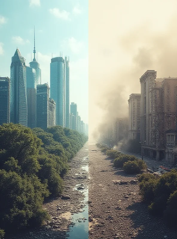 A split image showing a peaceful cityscape on one side and a war-torn landscape on the other, symbolizing the contrast between diplomacy and conflict.