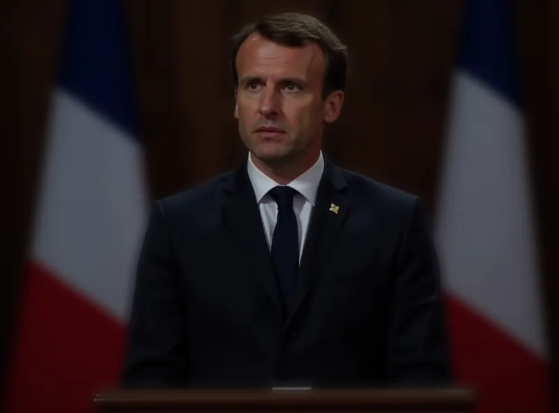 Emmanuel Macron addressing the nation, with a backdrop of the French flag and a serious expression.