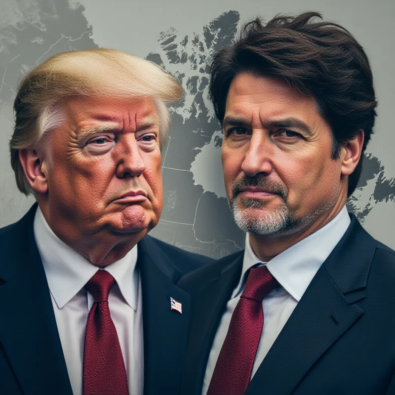 A split image of Donald Trump and Justin Trudeau, each looking serious and determined, with a faint map of North America in the background.