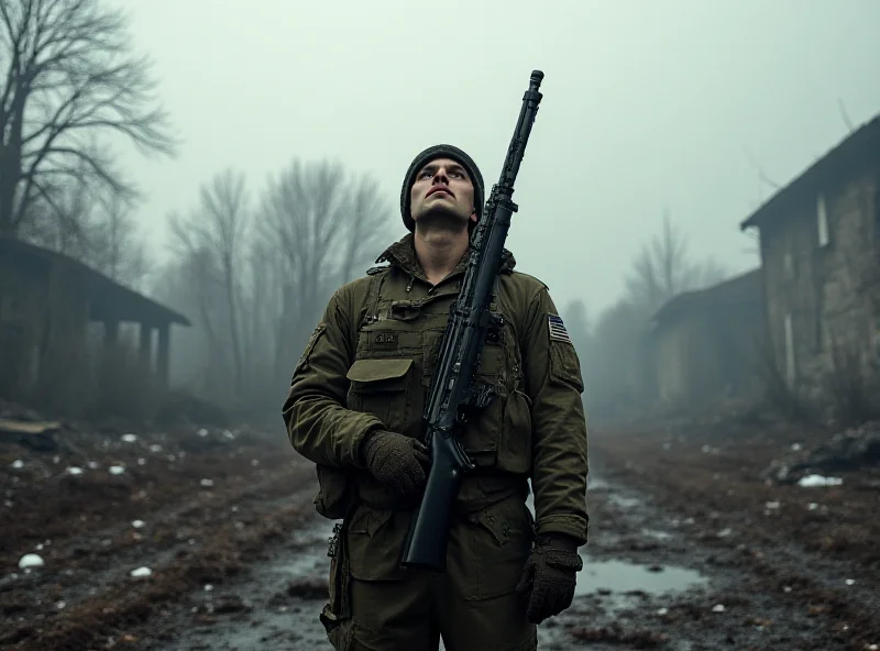 Ukrainian soldier looking towards the sky in a war-torn landscape.