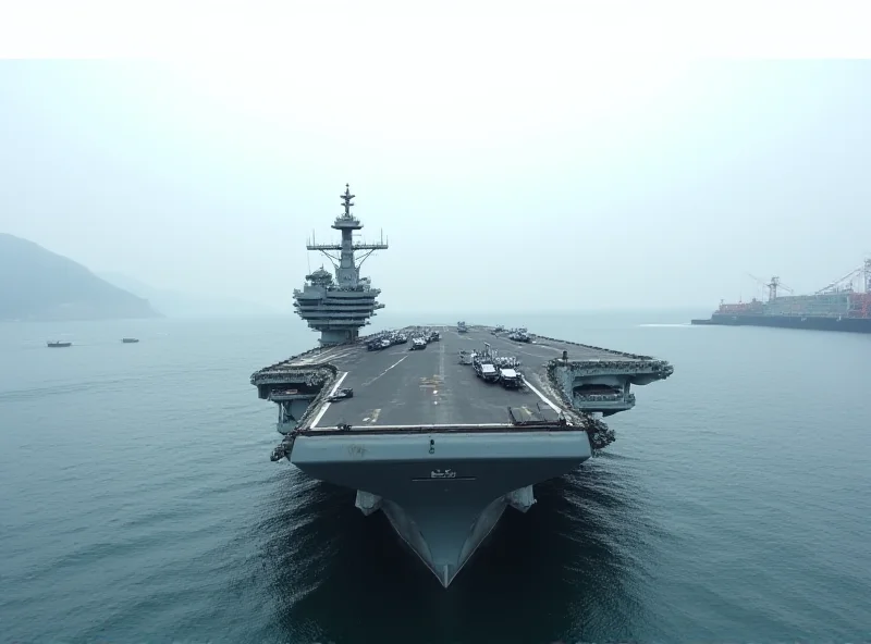 Image of a US aircraft carrier docked in a South Korean port