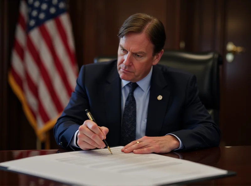 Image of Marco Rubio signing a document with the US flag in the background.