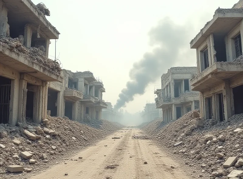 A war-torn street in a Syrian city with damaged buildings and rubble.