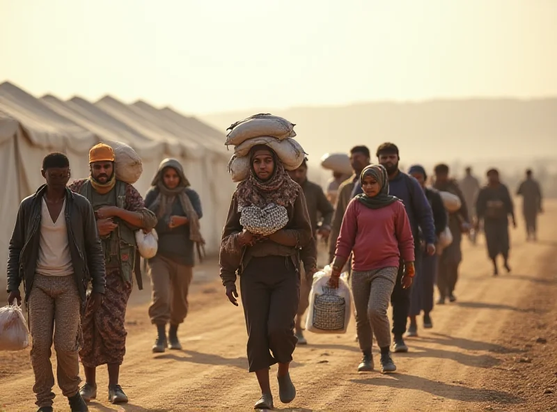 Refugees walking towards a camp, holding their belongings, with tents visible in the background.