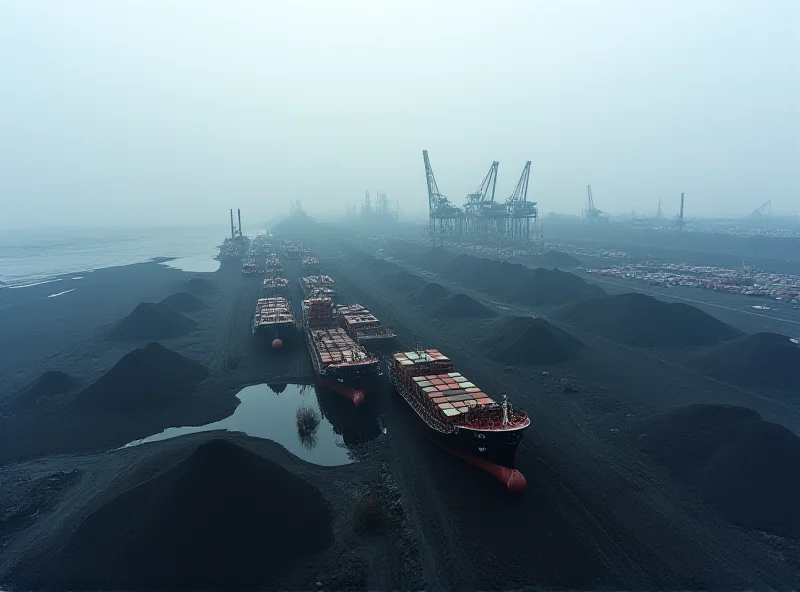 Aerial view of a massive coal shipping port with cargo ships loading coal in a hazy industrial landscape.