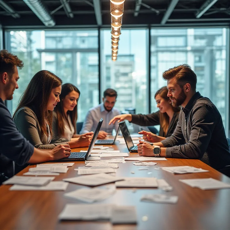 Modern office space with young professionals collaborating around a table, showcasing a dynamic and innovative work environment.