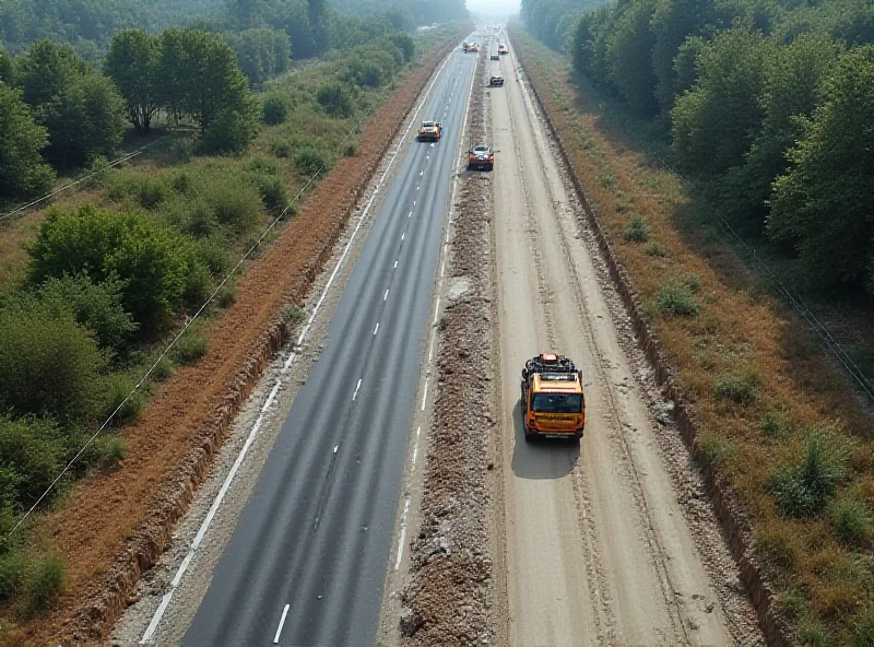 Aerial view of the unfinished A69 motorway construction site, with heavy machinery idle and protestors gathered nearby.