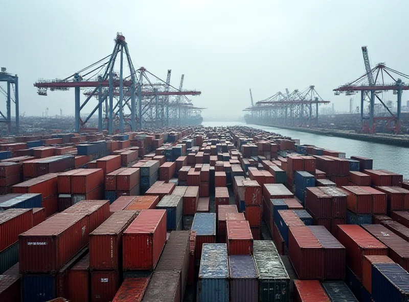 Containers at a busy port with cranes loading and unloading goods, symbolizing global trade.