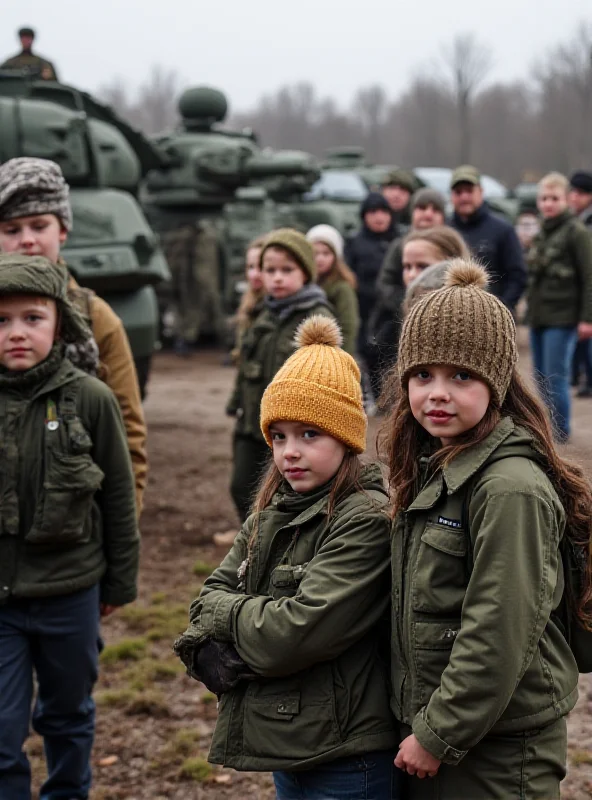 A group of children observing military equipment at a Bundeswehr open day, reflecting the debate over defense spending versus social benefits.